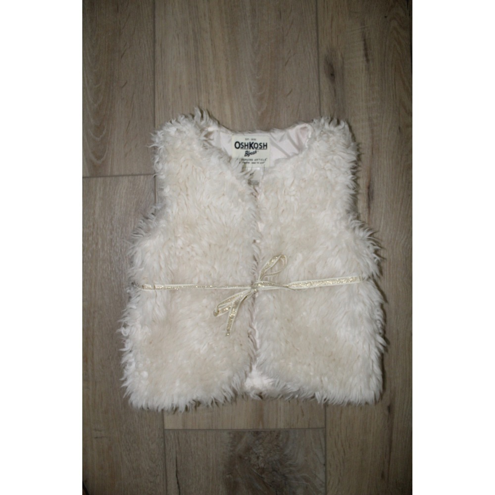 OshKosh B'gosh Girls Ivory Faux Fur Vest 4T Gold Ribbon Tie Cream Shaggy Plush
